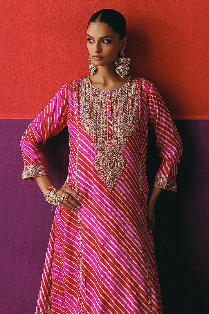 Rani Pink & Red Tussar Silk Leheriya Printed Kurta Set by Pink City By Sarika at Pernia's Pop Up Shop