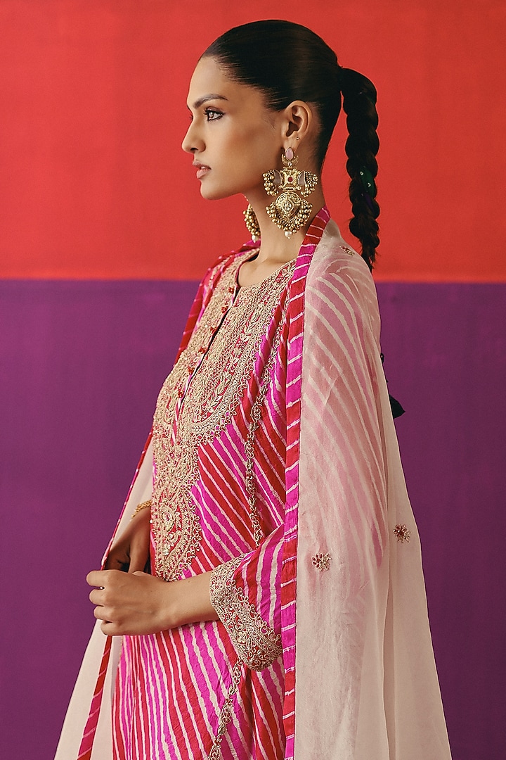 Rani Pink & Red Tussar Silk Leheriya Printed Kurta Set by Pink City By Sarika at Pernia's Pop Up Shop