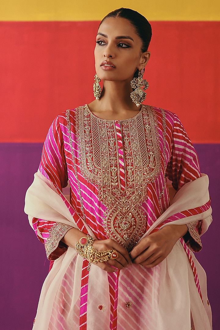 Rani Pink & Red Tussar Silk Leheriya Printed Kurta Set by Pink City By Sarika at Pernia's Pop Up Shop