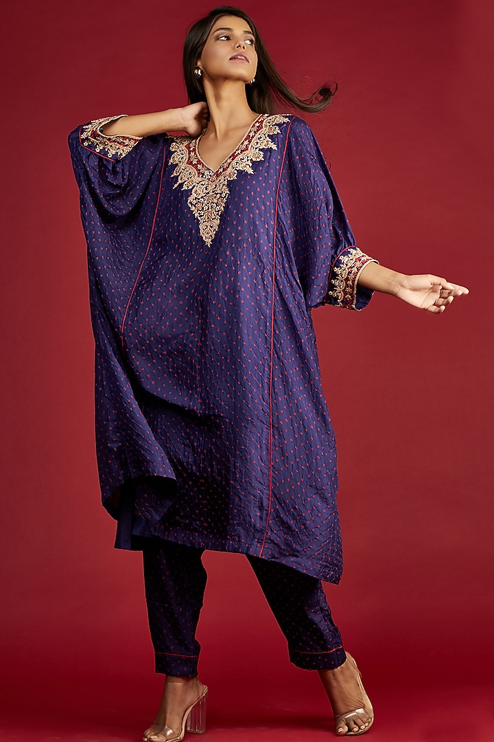 Indigo Blue Hand Embroidered Kaftan Set by Pink City By Sarika at Pernia's Pop Up Shop