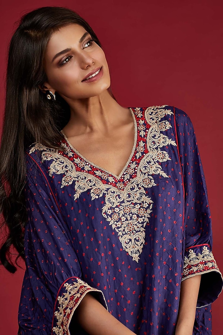 Indigo Blue Hand Embroidered Kaftan Set by Pink City By Sarika at Pernia's Pop Up Shop