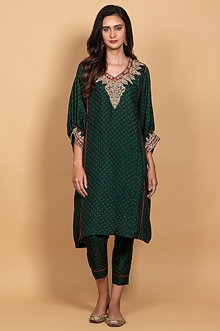 Emerald Green Hand Embroidered Kaftan Set by Pink City By Sarika