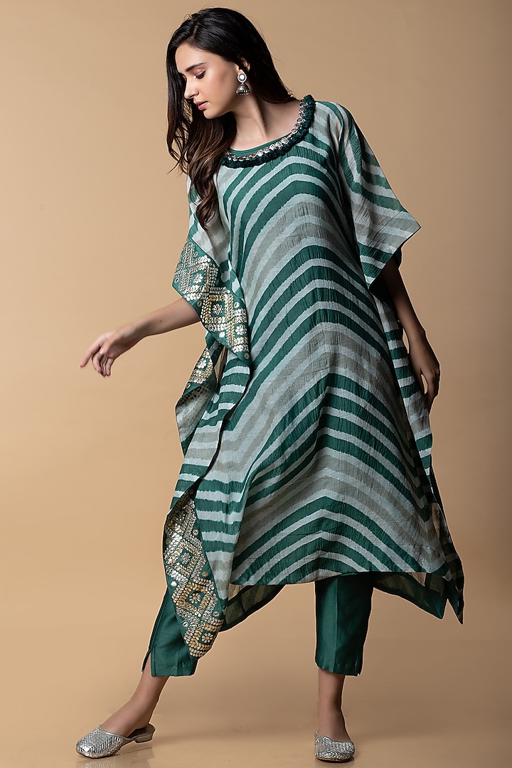 Opal Green Hand Embroidered Kaftan Set by Pink City By Sarika at Pernia's Pop Up Shop