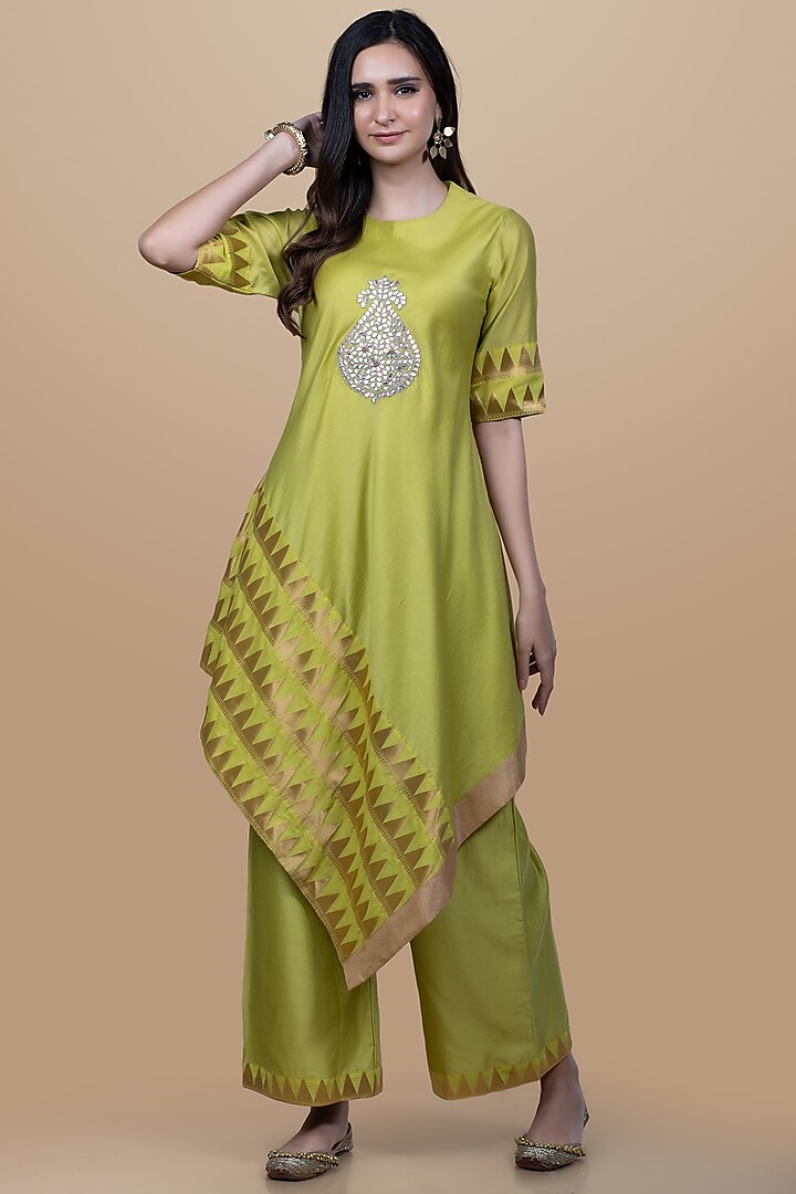 Light Lime Hand Embroidered Kurta Set by Pink City By Sarika