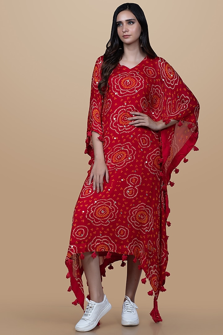 Deep Red Hand Embroidered Bandhej Kaftan by Pink City By Sarika at Pernia's Pop Up Shop