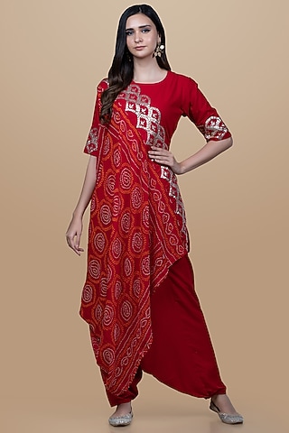 Deep Red Linen Silk Matka Harem Pant Set by Pink City By Sarika