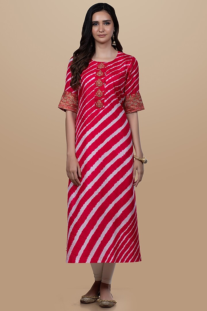 Cherry Red Hand Embroidered Leheriya Tunic by Pink City By Sarika