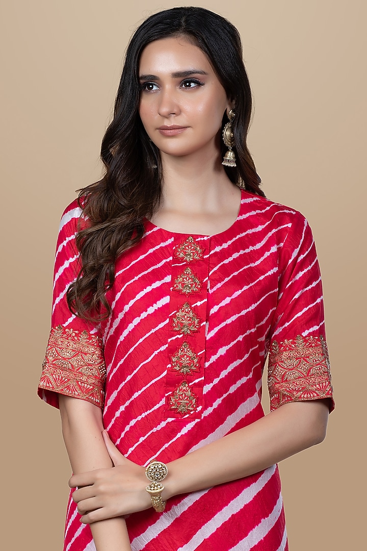 Cherry Red Hand Embroidered Leheriya Tunic by Pink City By Sarika at Pernia's Pop Up Shop