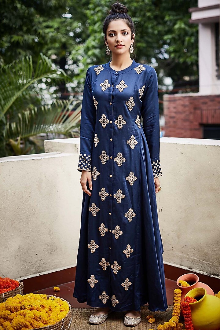 Light Navy Blue Hand Embroidered Long Kurta by Pink City By Sarika