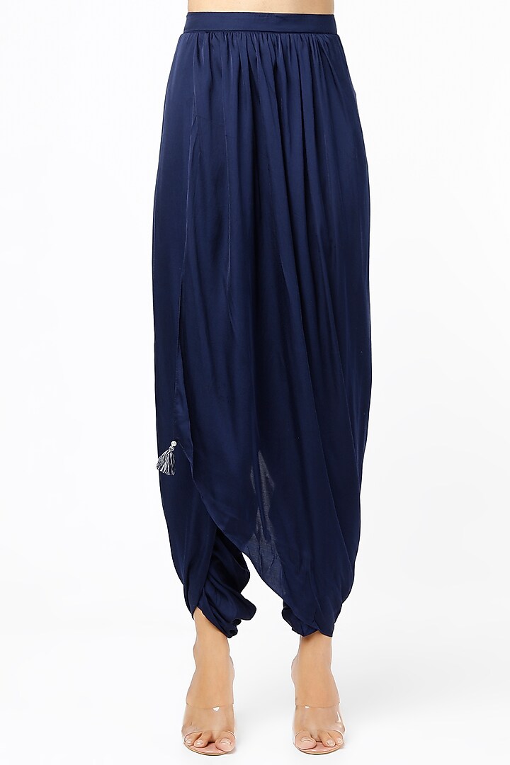 Navy Blue Modal Satin & Silk Dhoti Set by Pink City By Sarika at Pernia's Pop Up Shop