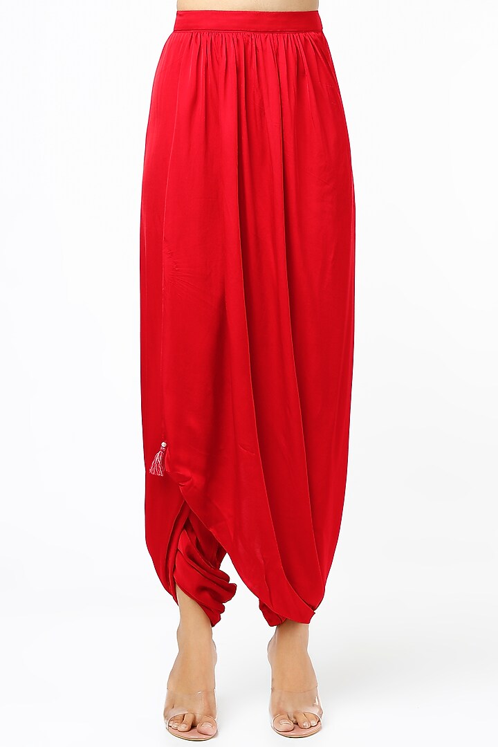 Red Modal Satin & Silk Dhoti Set by Pink City By Sarika at Pernia's Pop Up Shop
