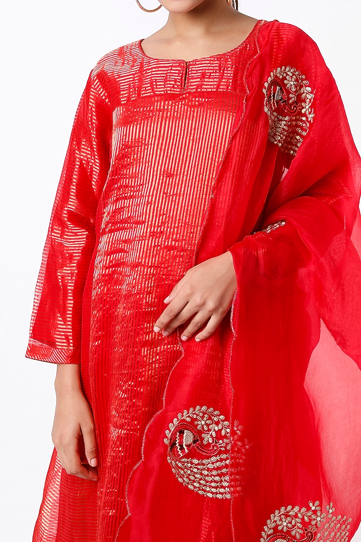 Cadmium Red Embroidered Kurta Set by Pink City By Sarika at Pernia's Pop Up Shop