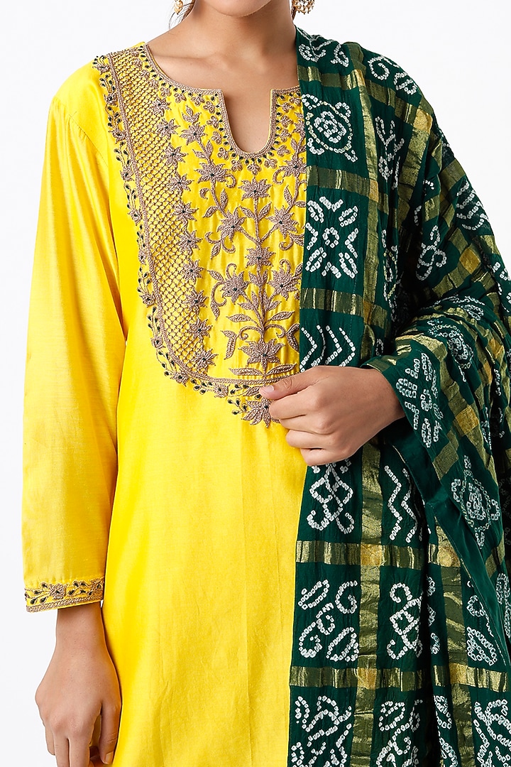 Lemon Yellow Embroidered Kurta Set by Pink City By Sarika at Pernia's Pop Up Shop