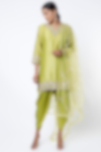 Lime Green Hand Embroidered Kurta Set by Pink City By Sarika