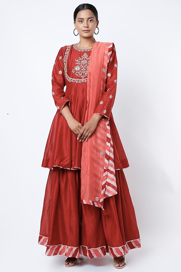 Red Silk Chanderi Sharara Set by Pink City By Sarika