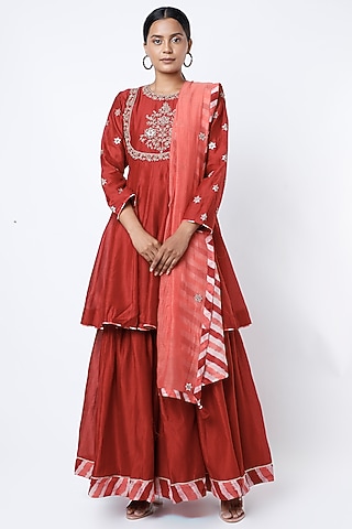 Red Silk Chanderi Sharara Set by Pink City By Sarika