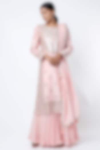 Blush Pink Silk Chanderi Wedding Sharara Set by Pink City By Sarika at Pernia's Pop Up Shop