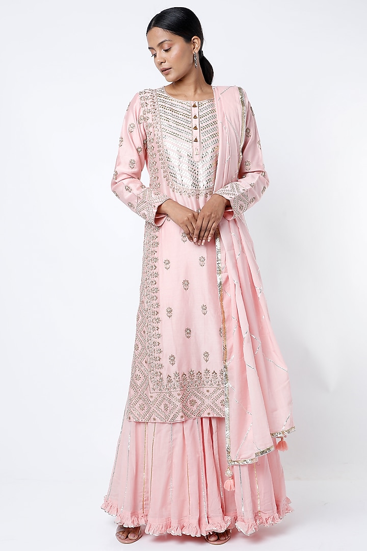 Blush Pink Silk Chanderi Sharara Set by Pink City By Sarika