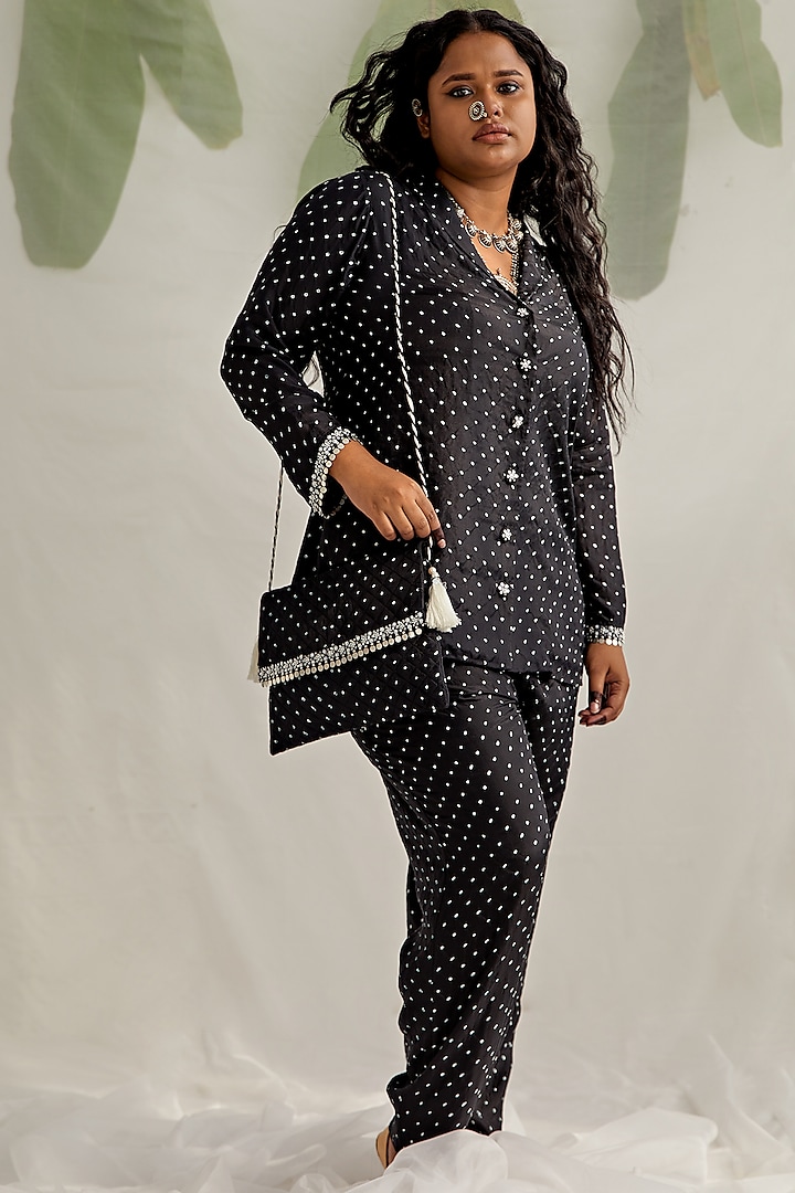 Black Bandhej Pant Set by Pink City By Sarika at Pernia's Pop Up Shop