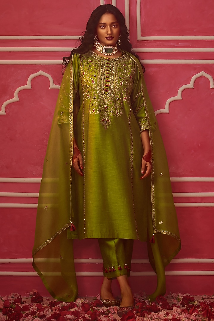 Lime Green Chanderi Silk Jaal Embroidered Kurta Set by Pink City By Sarika at Pernia's Pop Up Shop
