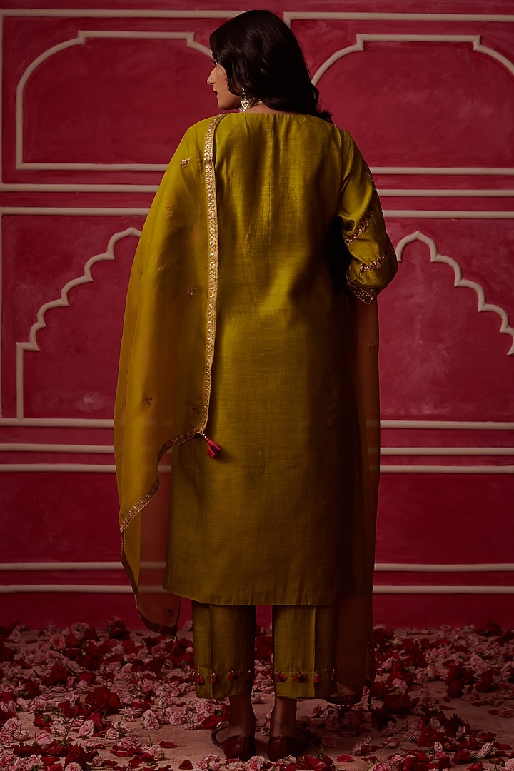 Lime Green Chanderi Silk Jaal Embroidered Kurta Set by Pink City By Sarika at Pernia's Pop Up Shop