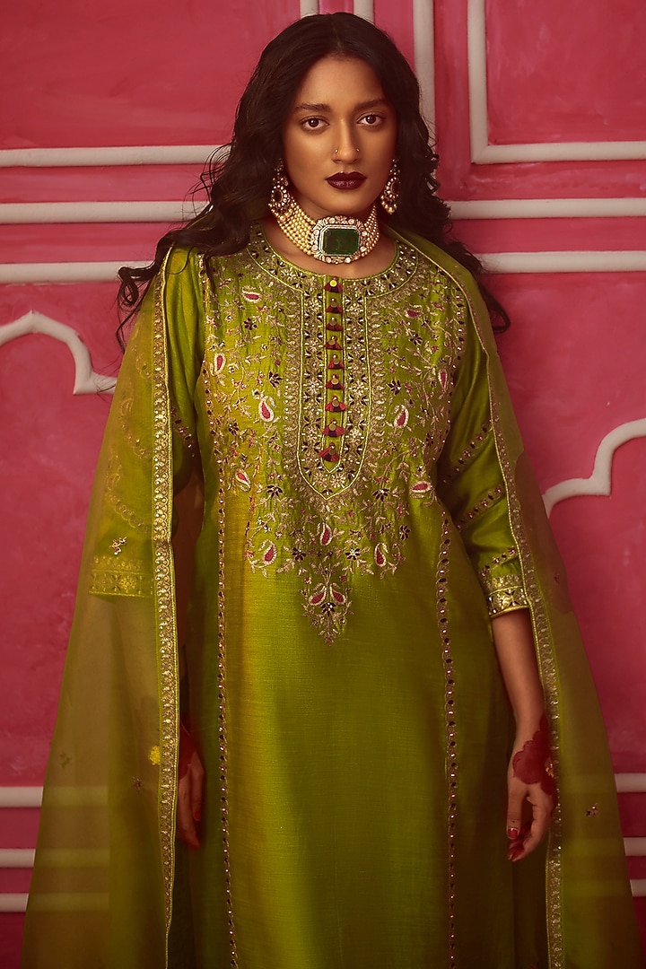 Lime Green Chanderi Silk Jaal Embroidered Kurta Set by Pink City By Sarika at Pernia's Pop Up Shop