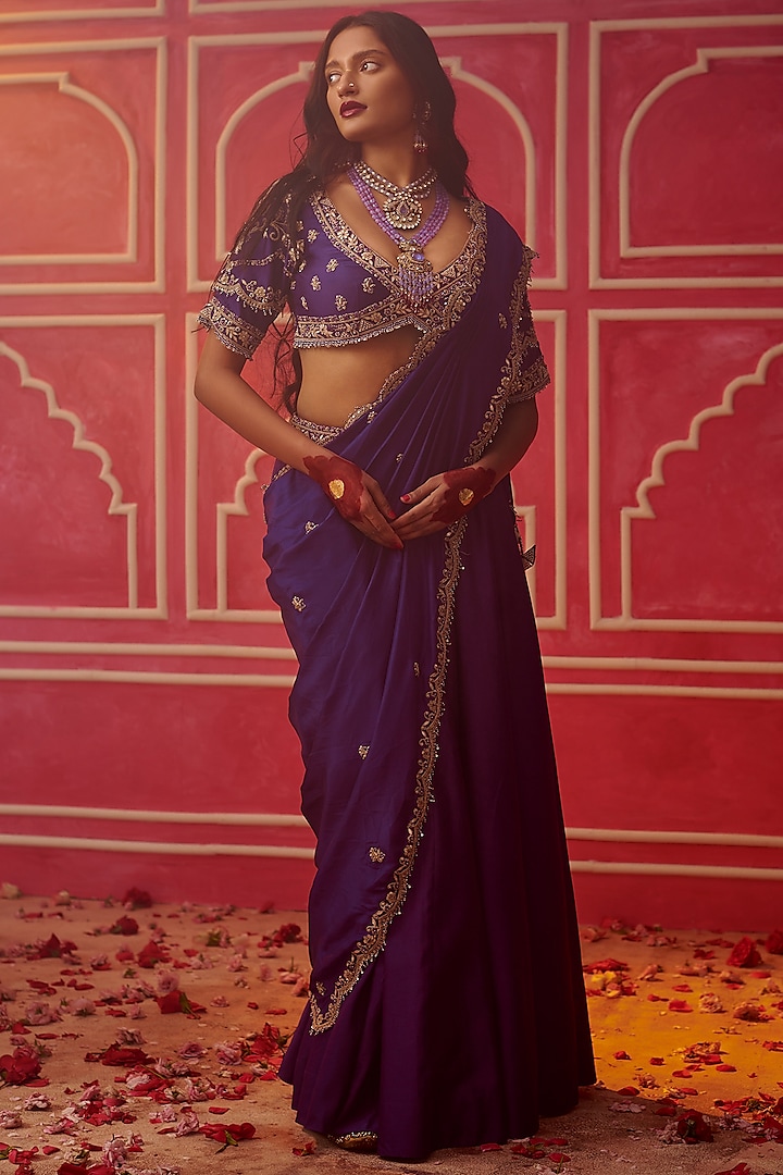 Purple Silk Chanderi Embroidered Lehenga Saree Set by Pink City By Sarika at Pernia's Pop Up Shop