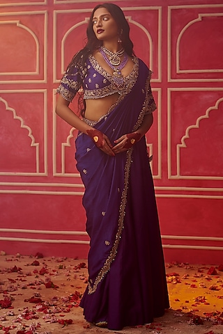 Purple Silk Chanderi Embroidered Lehenga Saree Set by Pink City By Sarika
