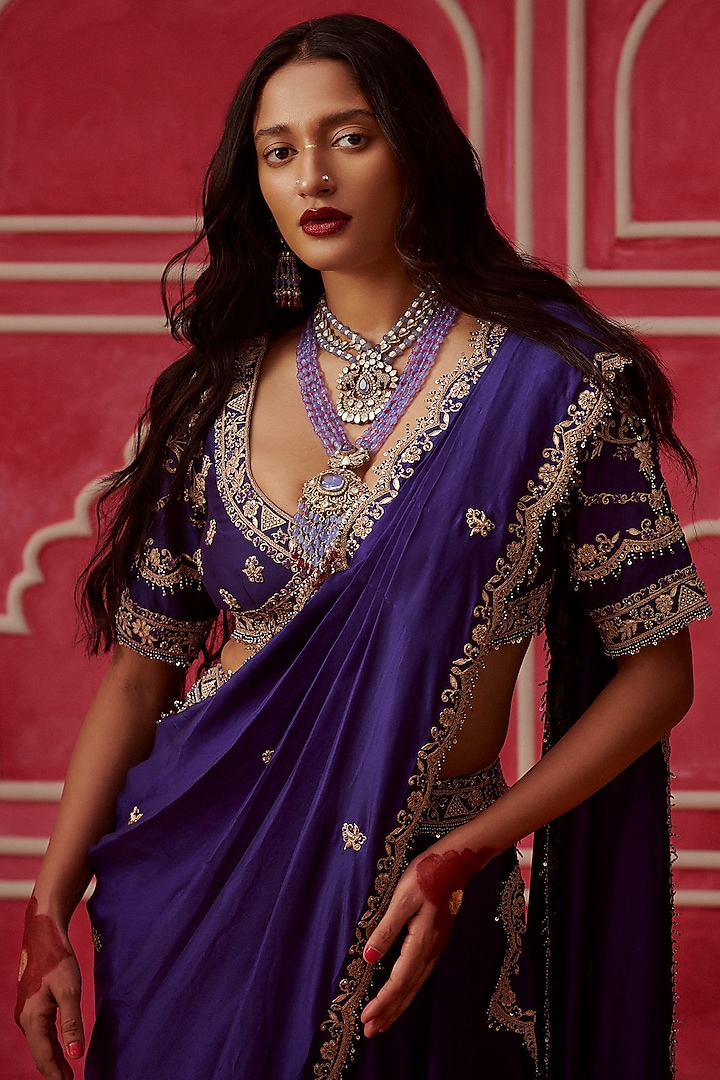 Purple Silk Chanderi Embroidered Lehenga Saree Set by Pink City By