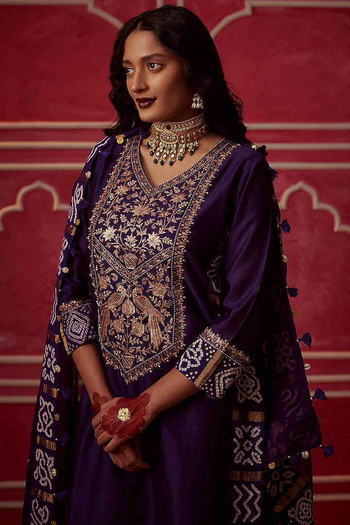Purple Silk Chanderi Embroidered Kurta Set by Pink City By Sarika at Pernia's Pop Up Shop