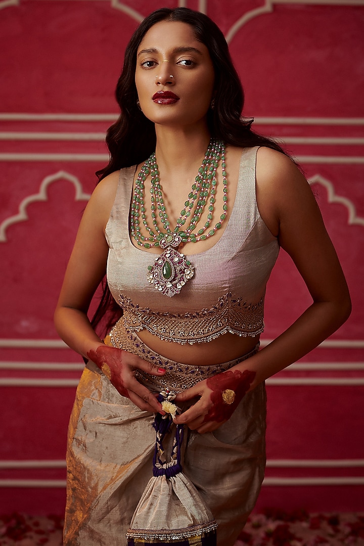 Antique Silver Silk Tissue Skirt Set by Pink City By Sarika at Pernia's Pop Up Shop
