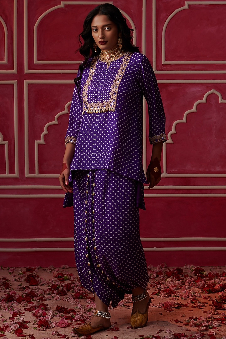 Purple Silk Bandhani Embroidered Kurta Set by Pink City By Sarika at Pernia's Pop Up Shop