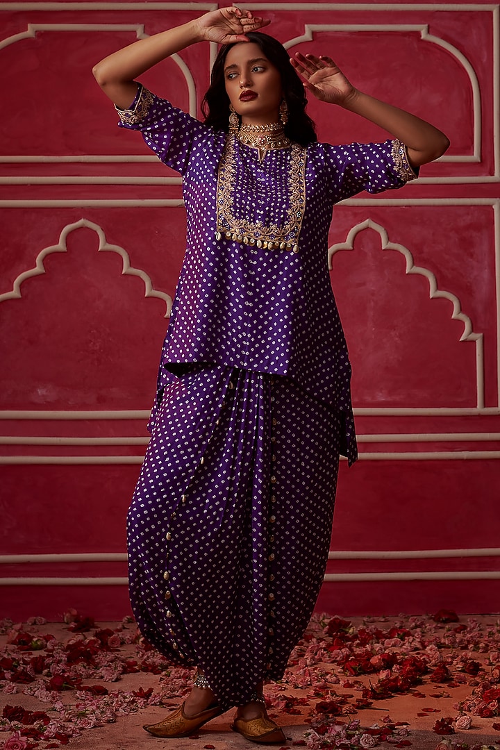 Purple Silk Bandhani Embroidered Kurta Set by Pink City By Sarika at Pernia's Pop Up Shop