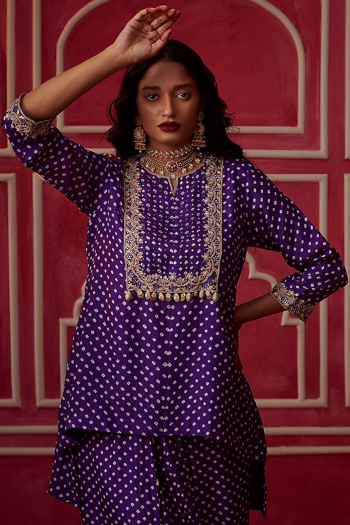 Purple Silk Bandhani Embroidered Kurta Set by Pink City By Sarika at Pernia's Pop Up Shop