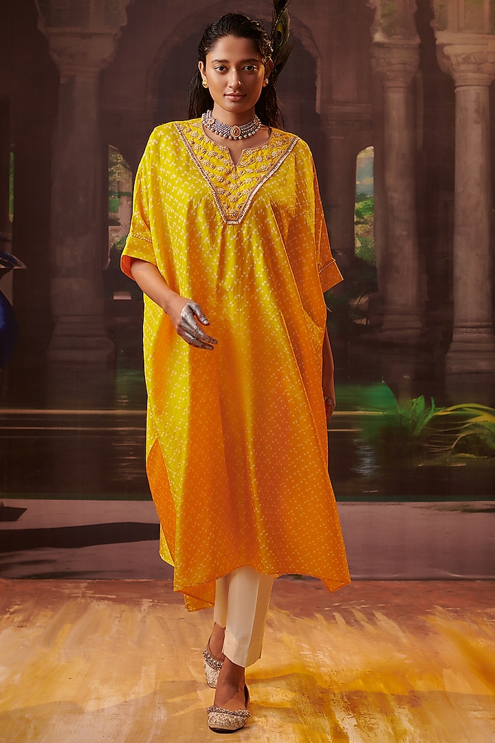 Yellow Silk Embroidered Kaftan Set by Pink City By Sarika at Pernia's Pop Up Shop