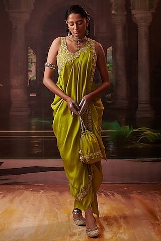 Lime Green Silk Draped Skirt Set by Pink City By Sarika