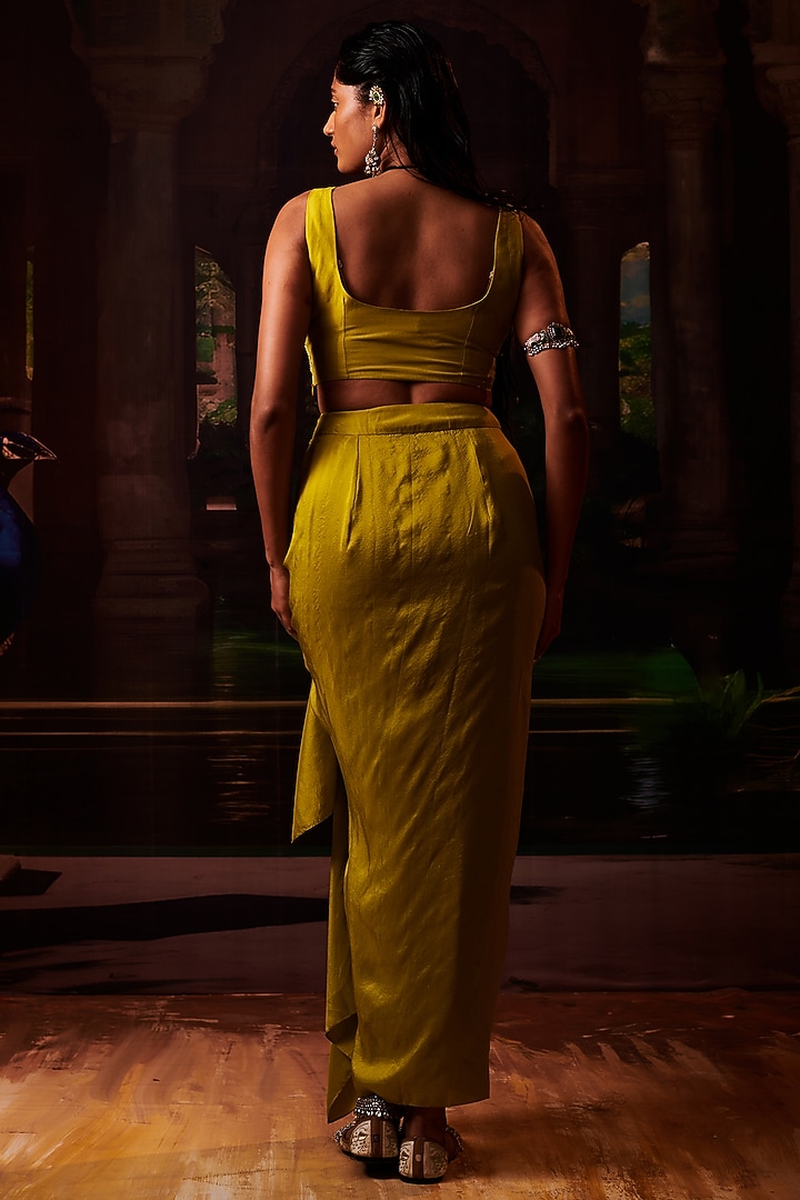 Lime Green Silk Draped Skirt Set by Pink City By Sarika at Pernia's Pop Up Shop