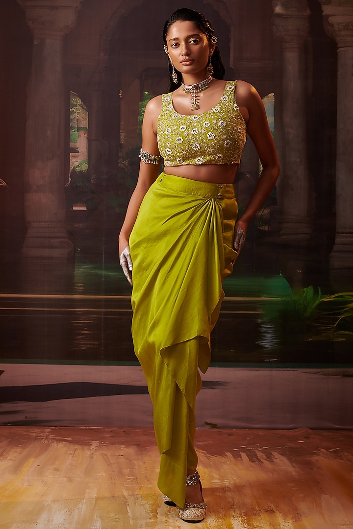 Lime Green Silk Draped Skirt Set by Pink City By Sarika at Pernia's Pop Up Shop