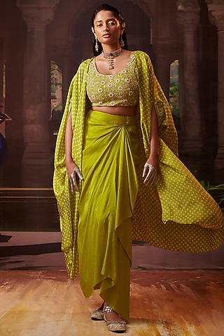 Lime Green Silk Embroidered Cape Set by Pink City By Sarika