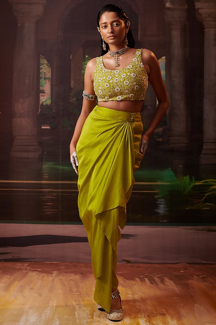 Lime Green Silk Embroidered Cape Set by Pink City By Sarika at Pernia's Pop Up Shop