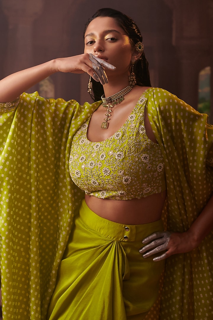 Lime Green Silk Embroidered Cape Set by Pink City By Sarika at Pernia's Pop Up Shop