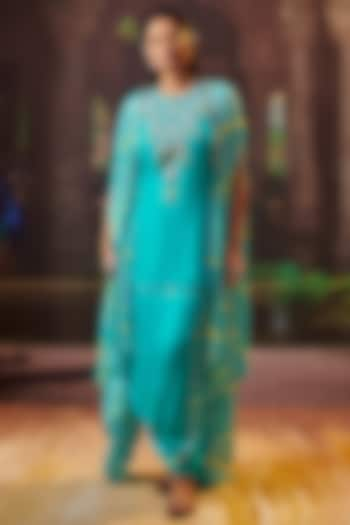 Turquoise Blue Silk Mirror Embroidered Kurta Set by Pink City By Sarika at Pernia's Pop Up Shop