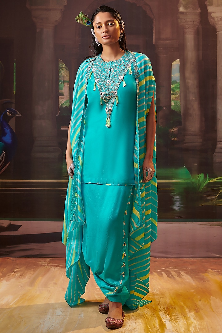 Turquoise Blue Silk Mirror Embroidered Kurta Set by Pink City By Sarika