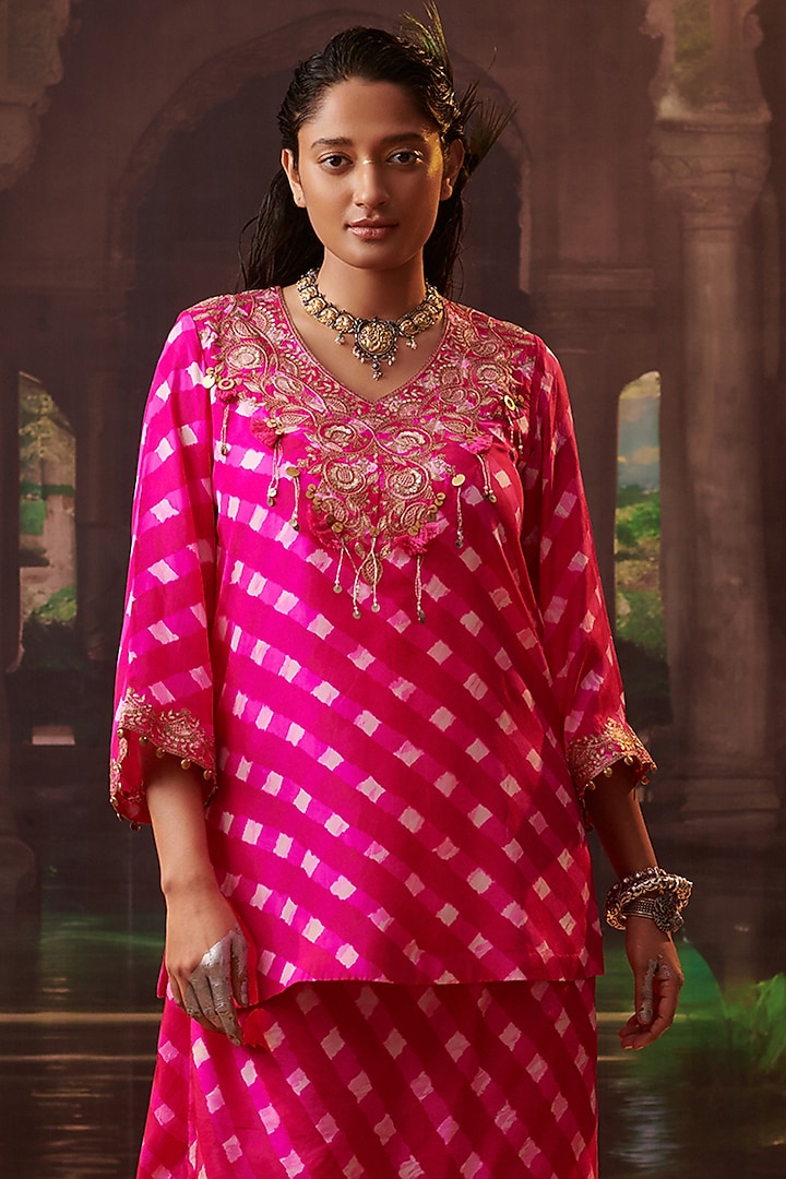 Hot Pink Silk Draped Skirt Set by Pink City By Sarika at Pernia's Pop Up Shop