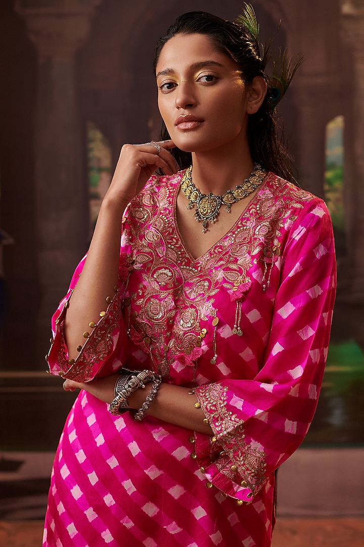 Hot Pink Silk Draped Skirt Set by Pink City By Sarika at Pernia's Pop Up Shop