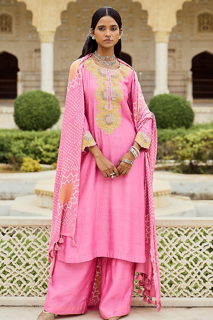 Pink Silk Chanderi Floral Embroidered Kurta Set by Pink City By Sarika at Pernia's Pop Up Shop