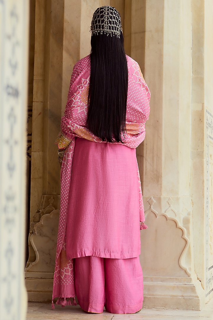 Pink Silk Chanderi Floral Embroidered Kurta Set by Pink City By Sarika at Pernia's Pop Up Shop