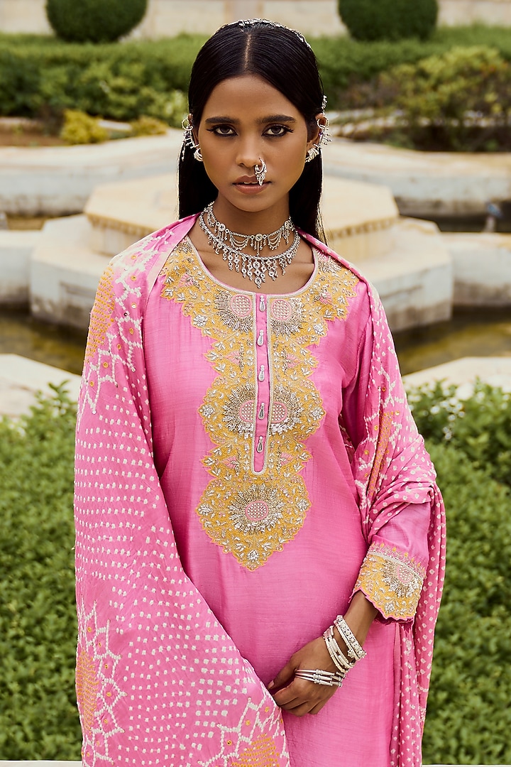 Pink Silk Chanderi Floral Embroidered Kurta Set by Pink City By Sarika at Pernia's Pop Up Shop