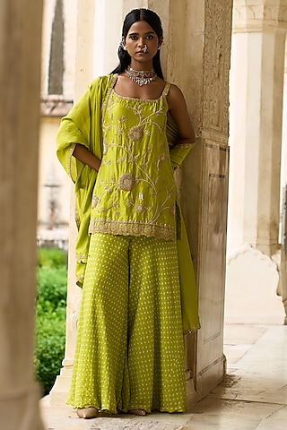 Lime Green Silk & Silk Chanderi Bandhani Sharara Set by Pink City By Sarika