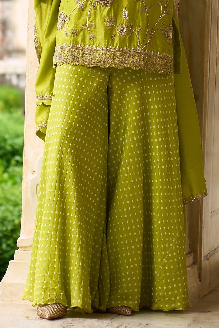 Lime Green Silk & Silk Chanderi Bandhani Wedding Sharara Set by Pink City By Sarika at Pernia's Pop Up Shop